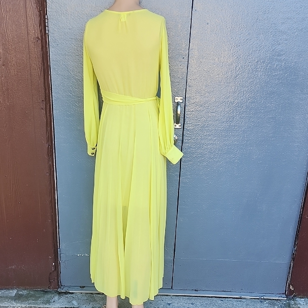 Vintage Bohemian Neon Elegant Long Sleeve Yellow Wrap Dress - Picture 10 of 11